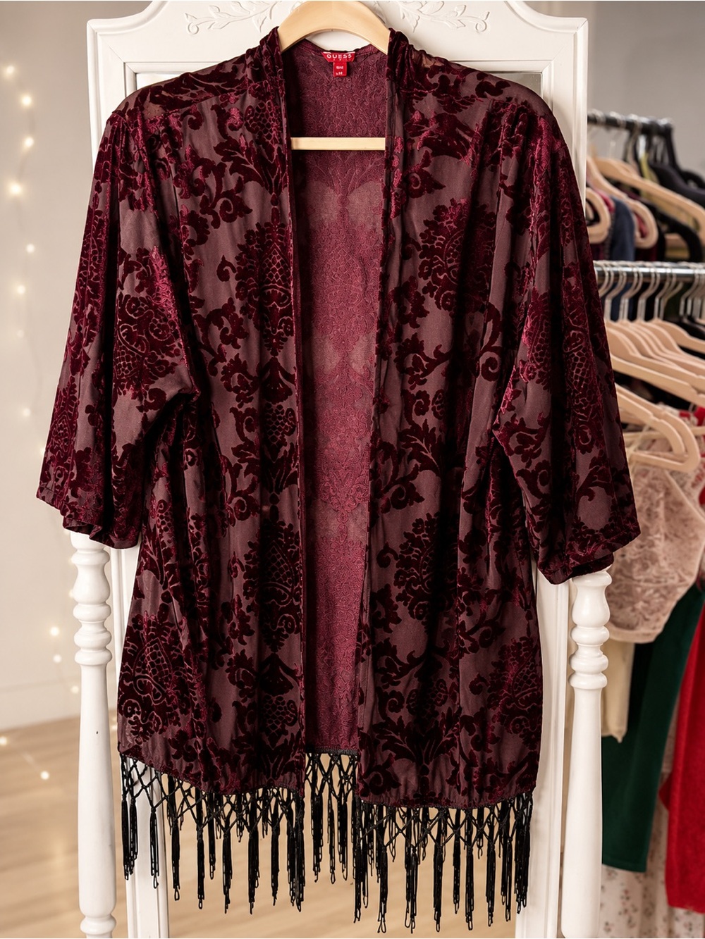 GUESS Burgundy Burnout Velvet Fringe Kimono Cardigan M/L Boho Gothic Duster